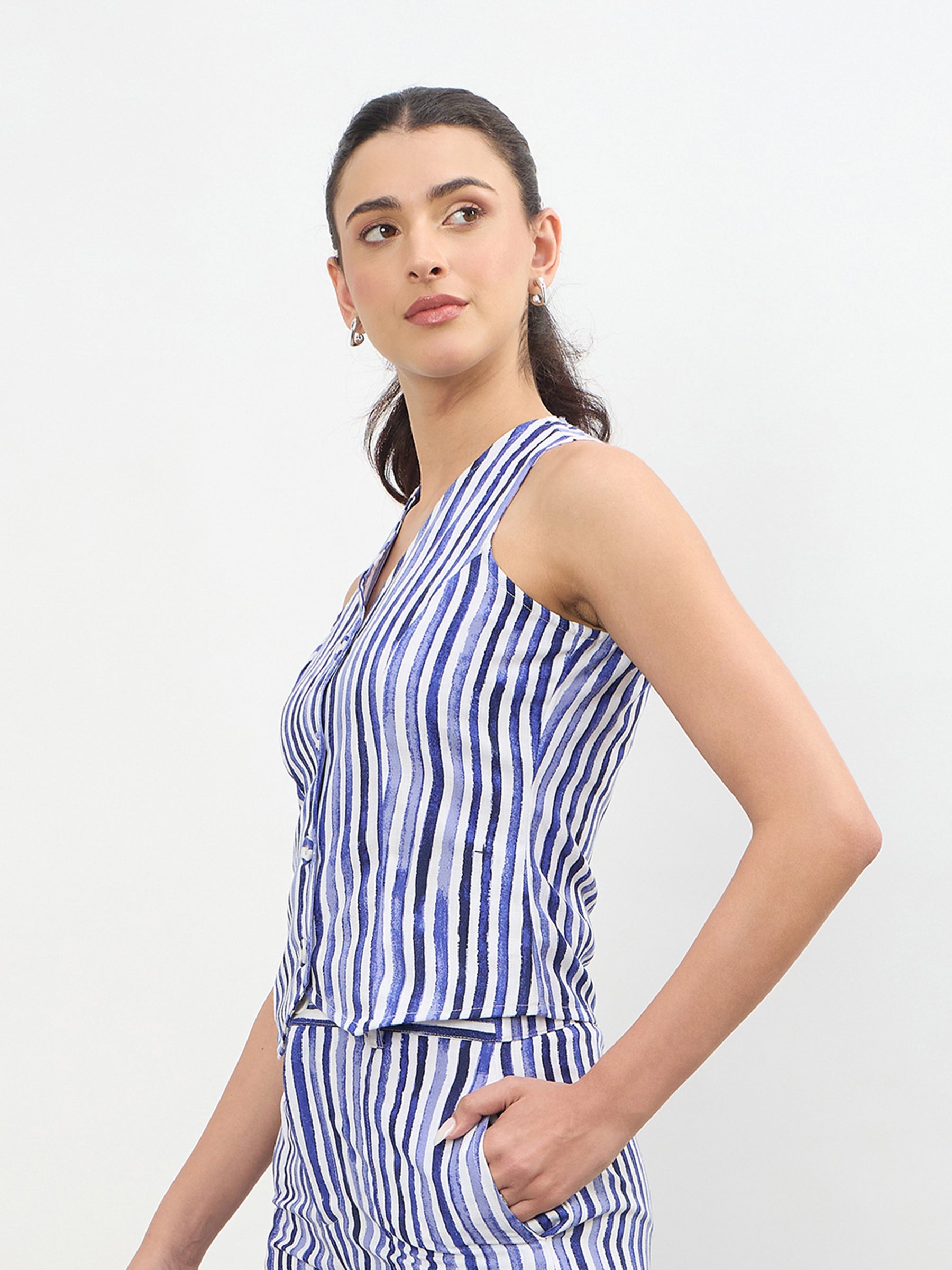 Blue Linen Striped V Neck Front Button Vest Top-SASSAFRAS worklyf