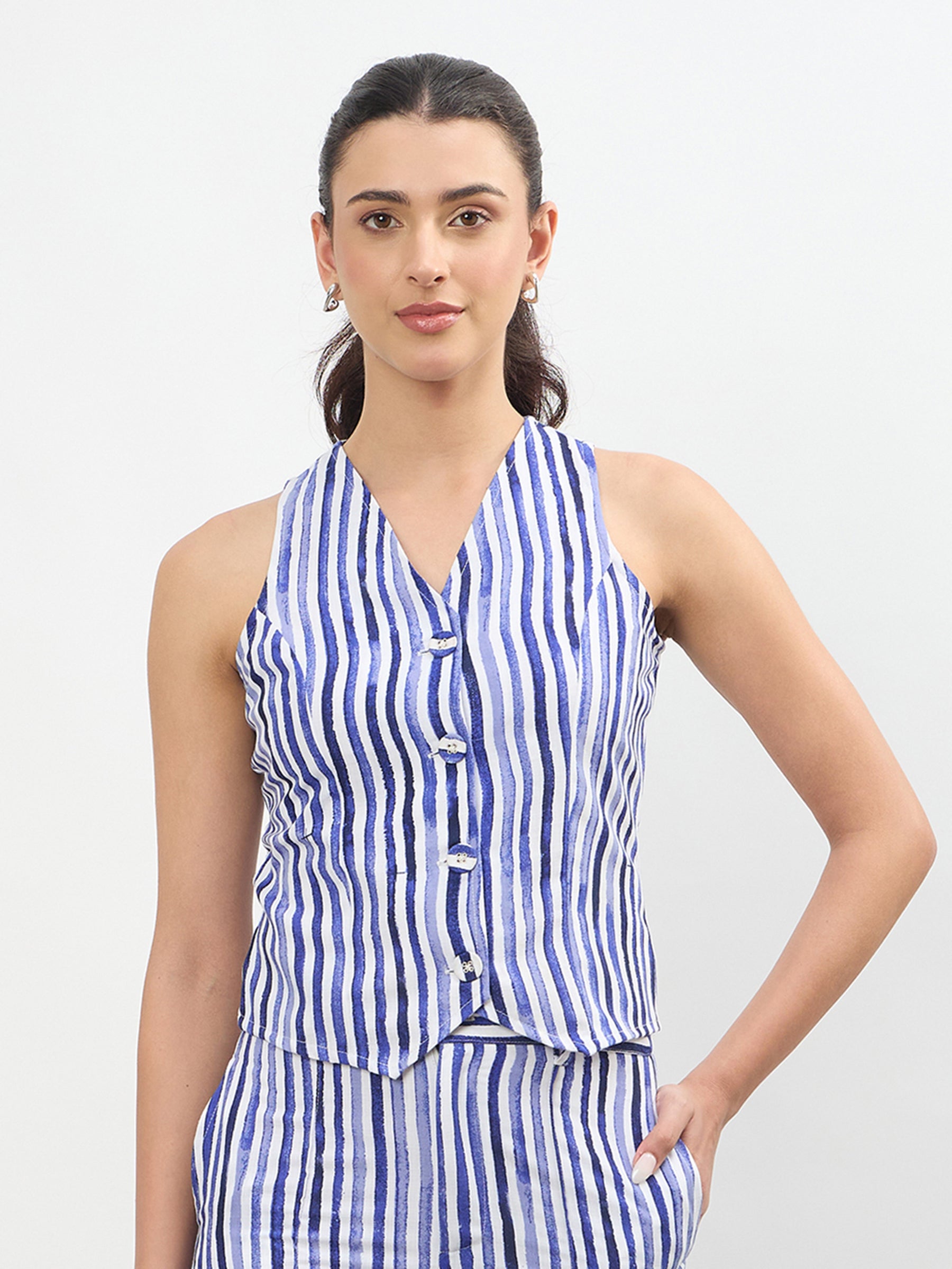 Blue Linen Striped V Neck Front Button Vest Top-SASSAFRAS worklyf