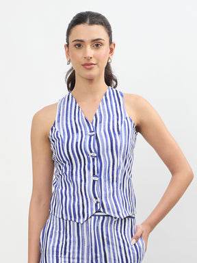 Blue Linen Striped V Neck Front Button Vest Top-SASSAFRAS worklyf
