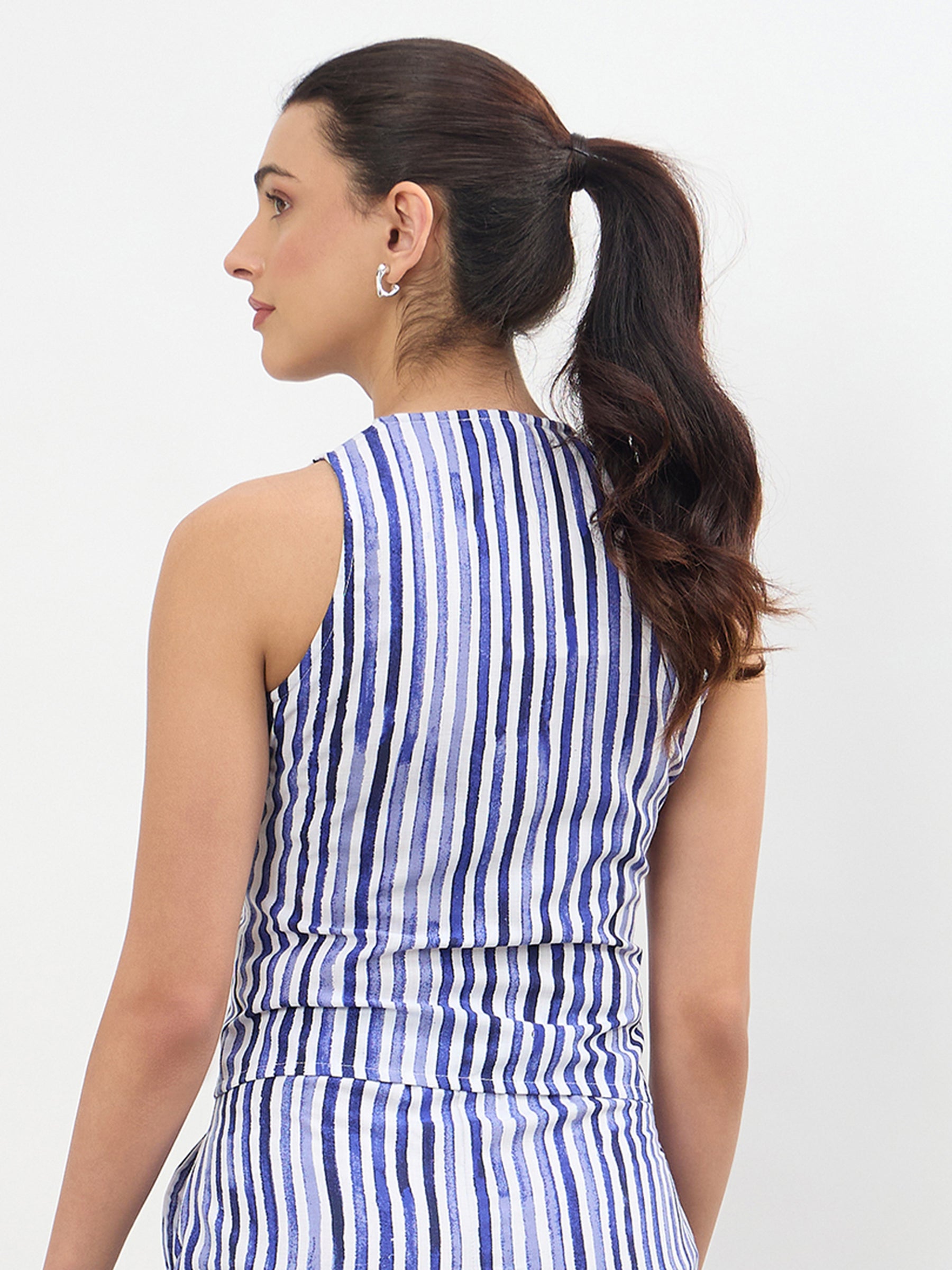 Blue Linen Striped V Neck Front Button Vest Top-SASSAFRAS worklyf