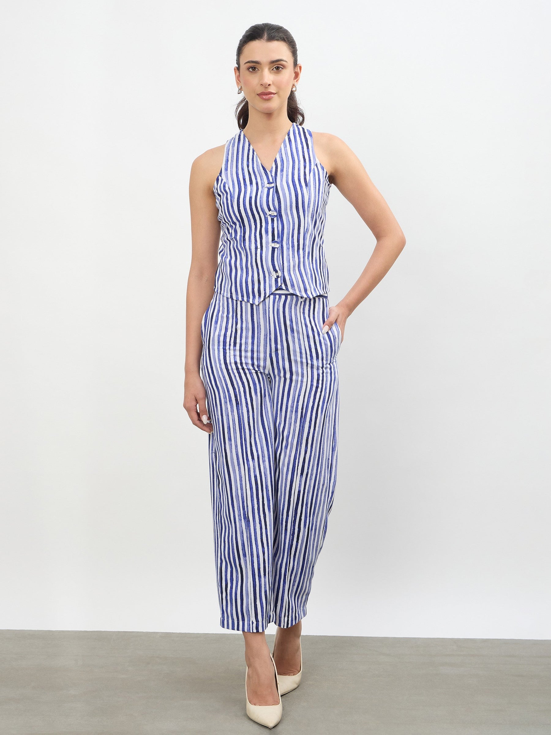 Women Blue Linen Striped V Neck Front Button Vest Top