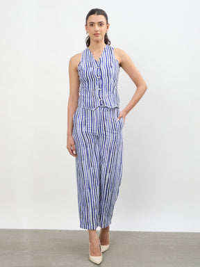 Women Blue Linen Striped V Neck Front Button Vest Top