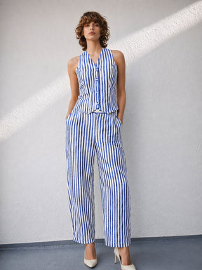 Blue Linen Striped V-Neck Vest Top With Slouchy Pants-SASSAFRAS worklyf
