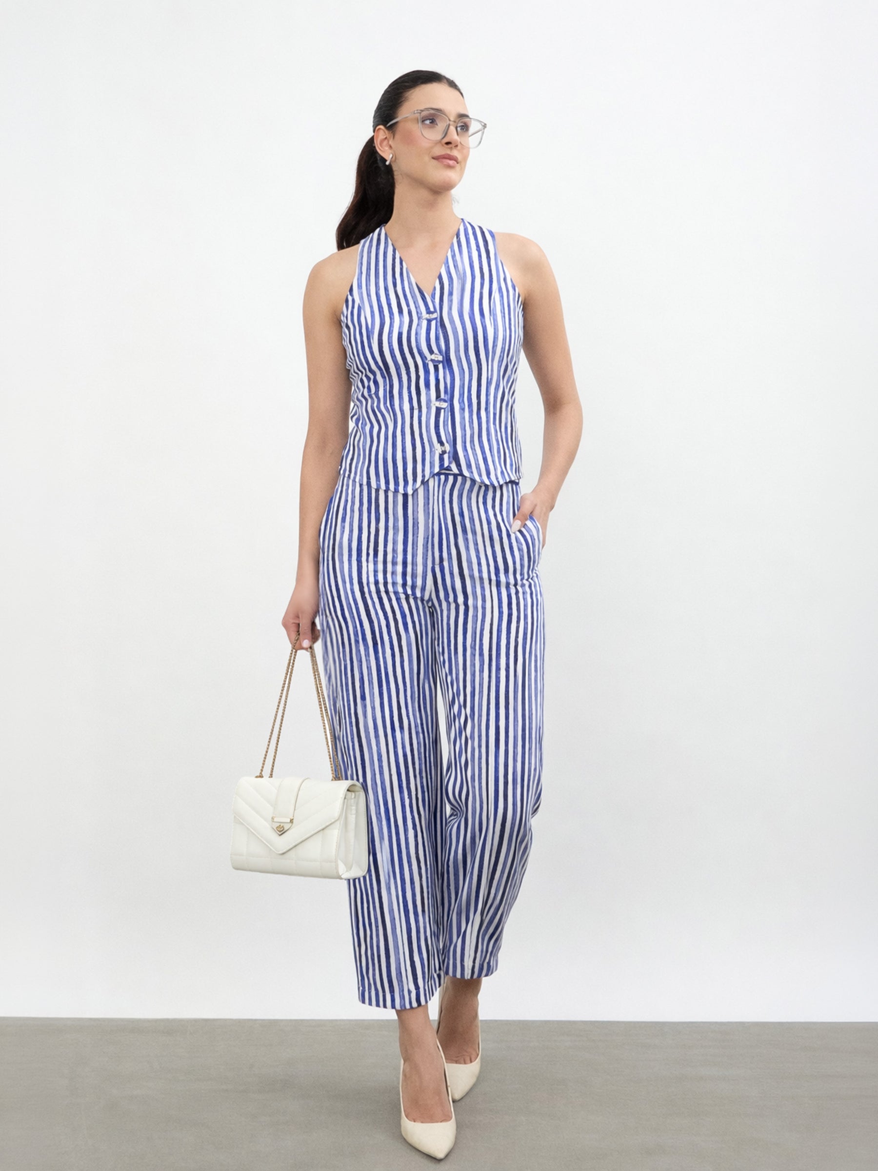 Blue Linen Striped V-Neck Vest Top With Slouchy Pants-SASSAFRAS worklyf