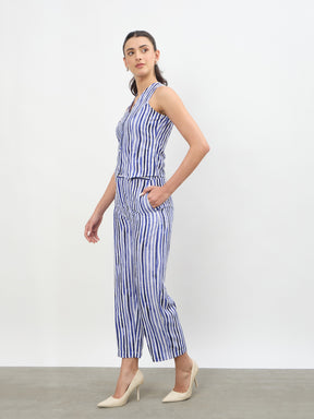 Blue Linen Striped V-Neck Vest Top With Slouchy Pants-SASSAFRAS worklyf