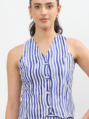 Blue Linen Striped V-Neck Vest Top With Slouchy Pants-SASSAFRAS worklyf