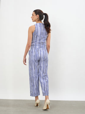 Women Blue Linen Striped V-Neck Vest Top With Slouchy Pants