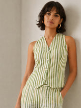 Green Linen Striped V Neck Front Button Vest Top-SASSAFRAS worklyf