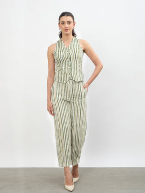 Green Linen Striped V Neck Front Button Vest Top-SASSAFRAS worklyf