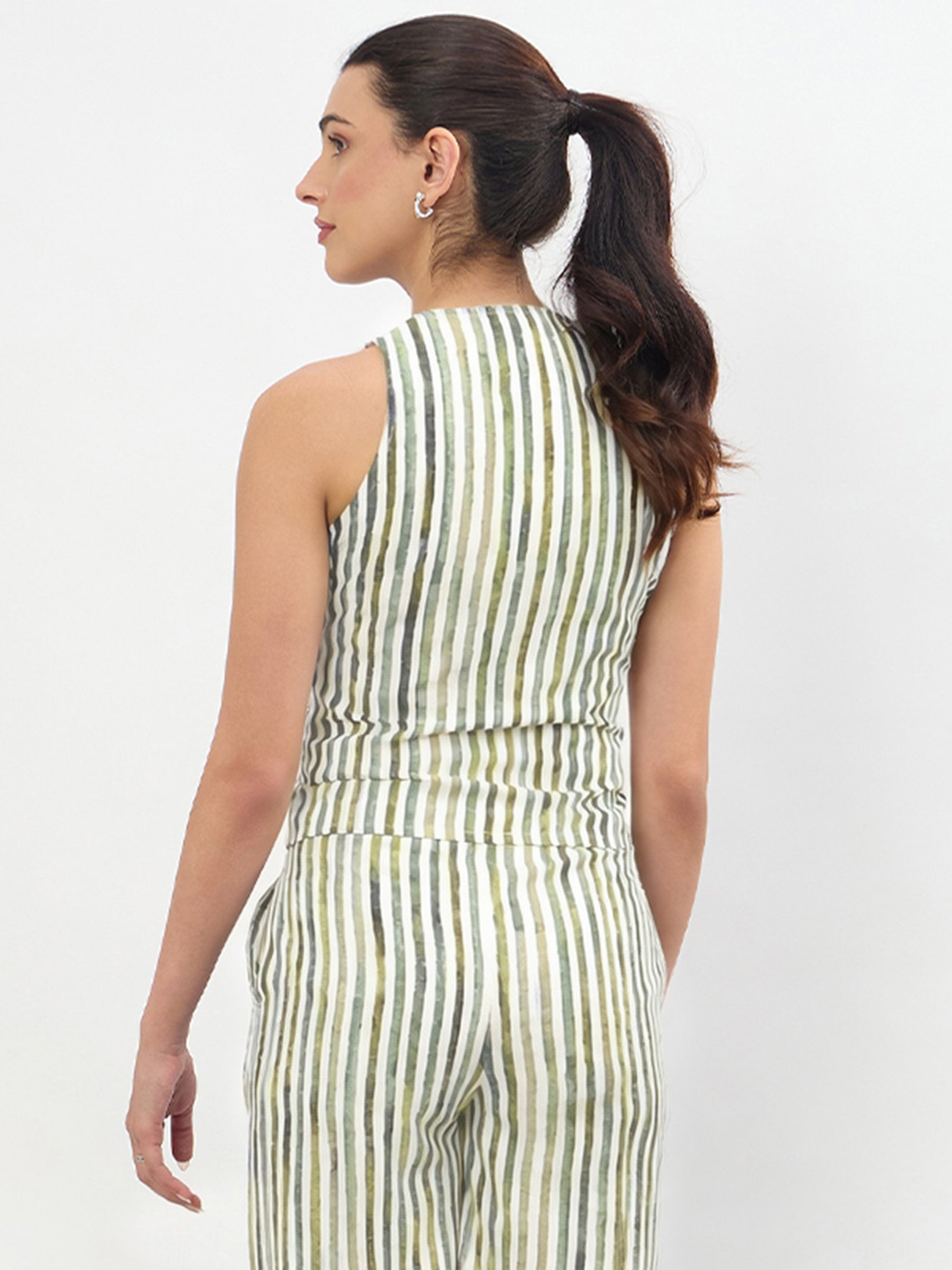 Green Linen Striped V Neck Front Button Vest Top-SASSAFRAS worklyf