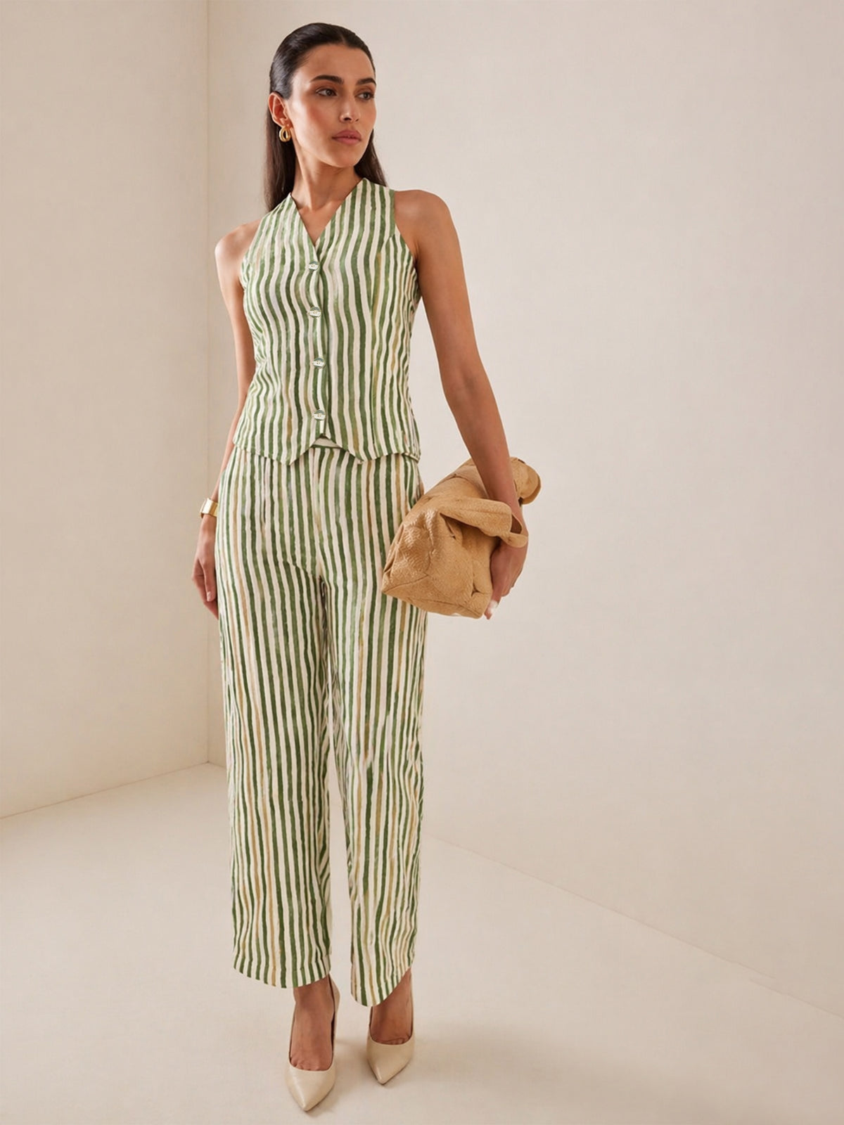 Green Linen Striped V-Neck Vest Top With Slouchy Pants-SASSAFRAS worklyf