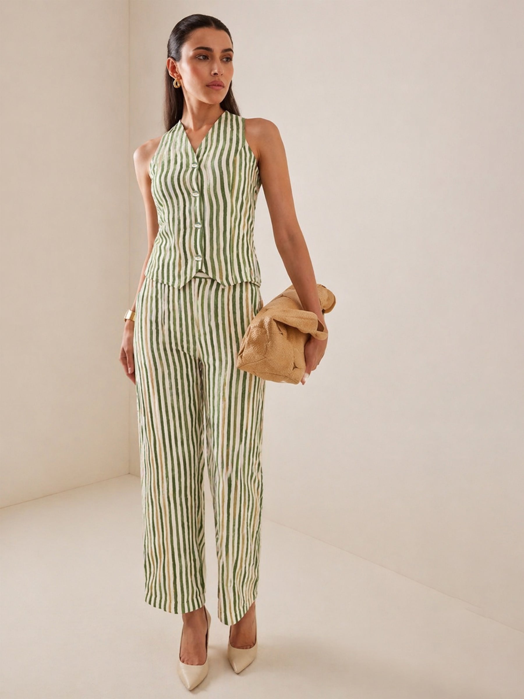 Green Linen Striped V-Neck Vest Top With Slouchy Pants-SASSAFRAS worklyf