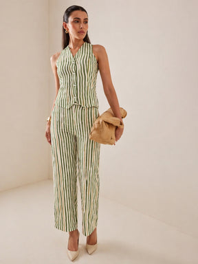 Green Linen Striped V-Neck Vest Top With Slouchy Pants-SASSAFRAS worklyf