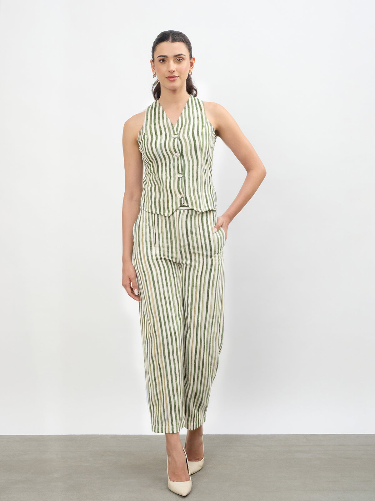 Green Linen Striped V-Neck Vest Top With Slouchy Pants-SASSAFRAS worklyf