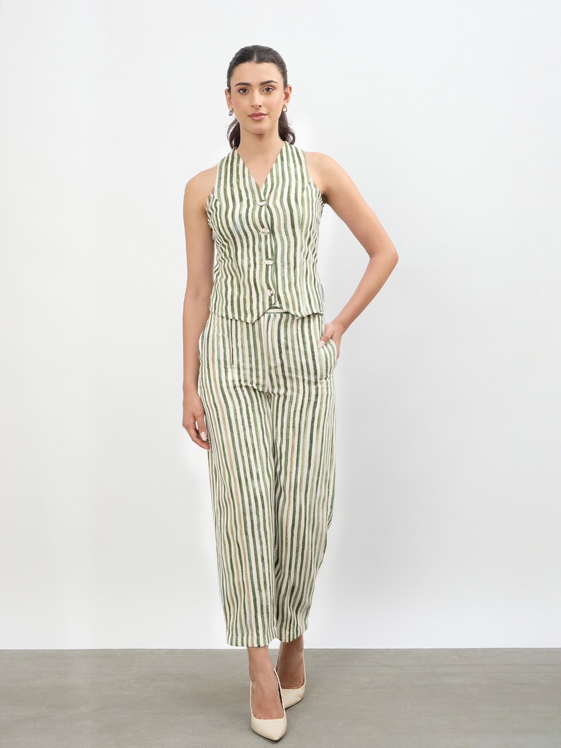 Green Linen Striped V-Neck Vest Top With Slouchy Pants-SASSAFRAS worklyf