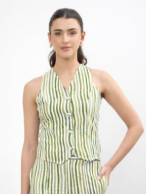 Green Linen Striped V-Neck Vest Top With Slouchy Pants-SASSAFRAS worklyf