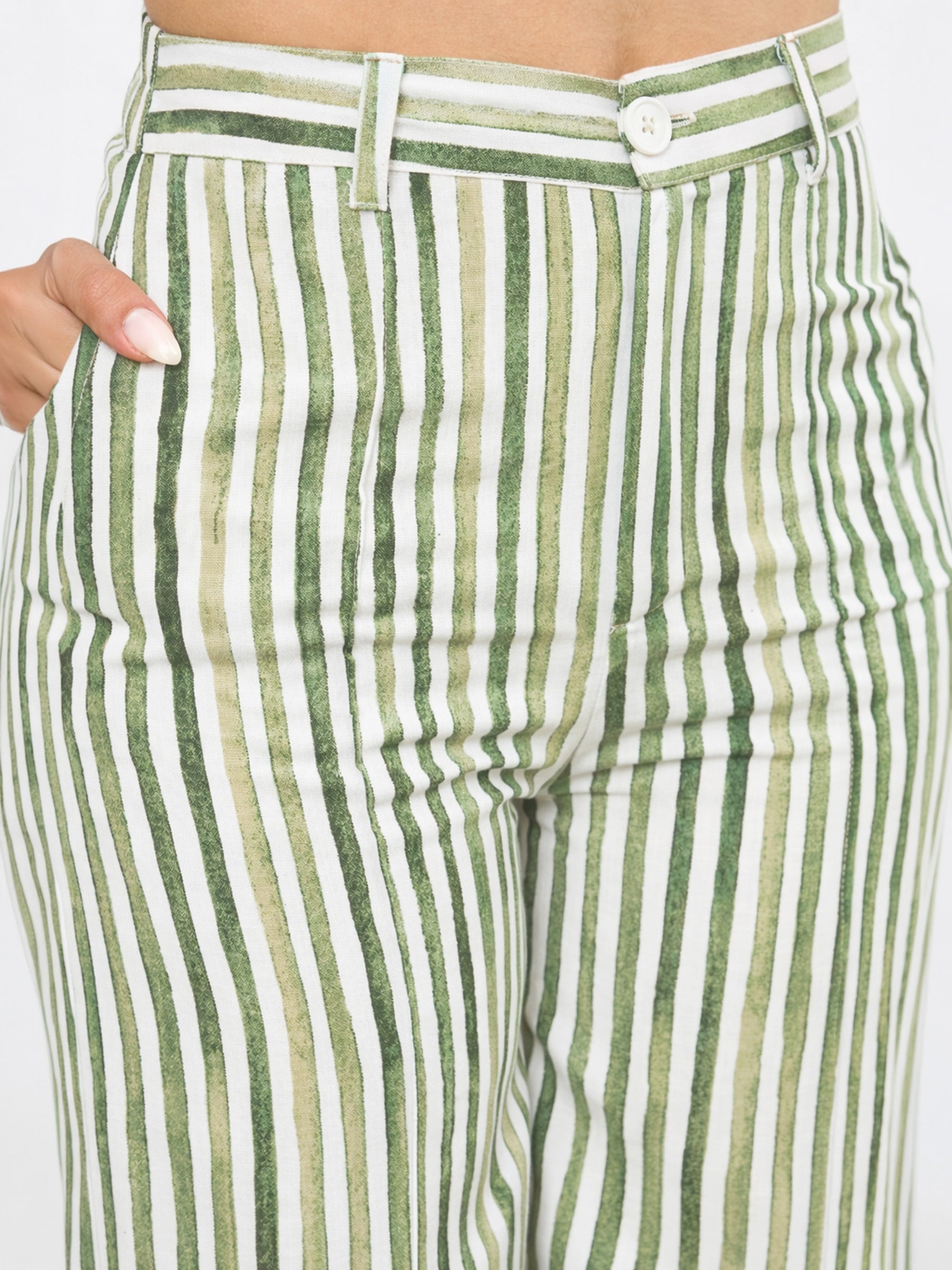 Green Linen Striped V-Neck Vest Top With Slouchy Pants-SASSAFRAS worklyf