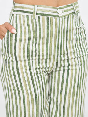Green Linen Striped V-Neck Vest Top With Slouchy Pants-SASSAFRAS worklyf