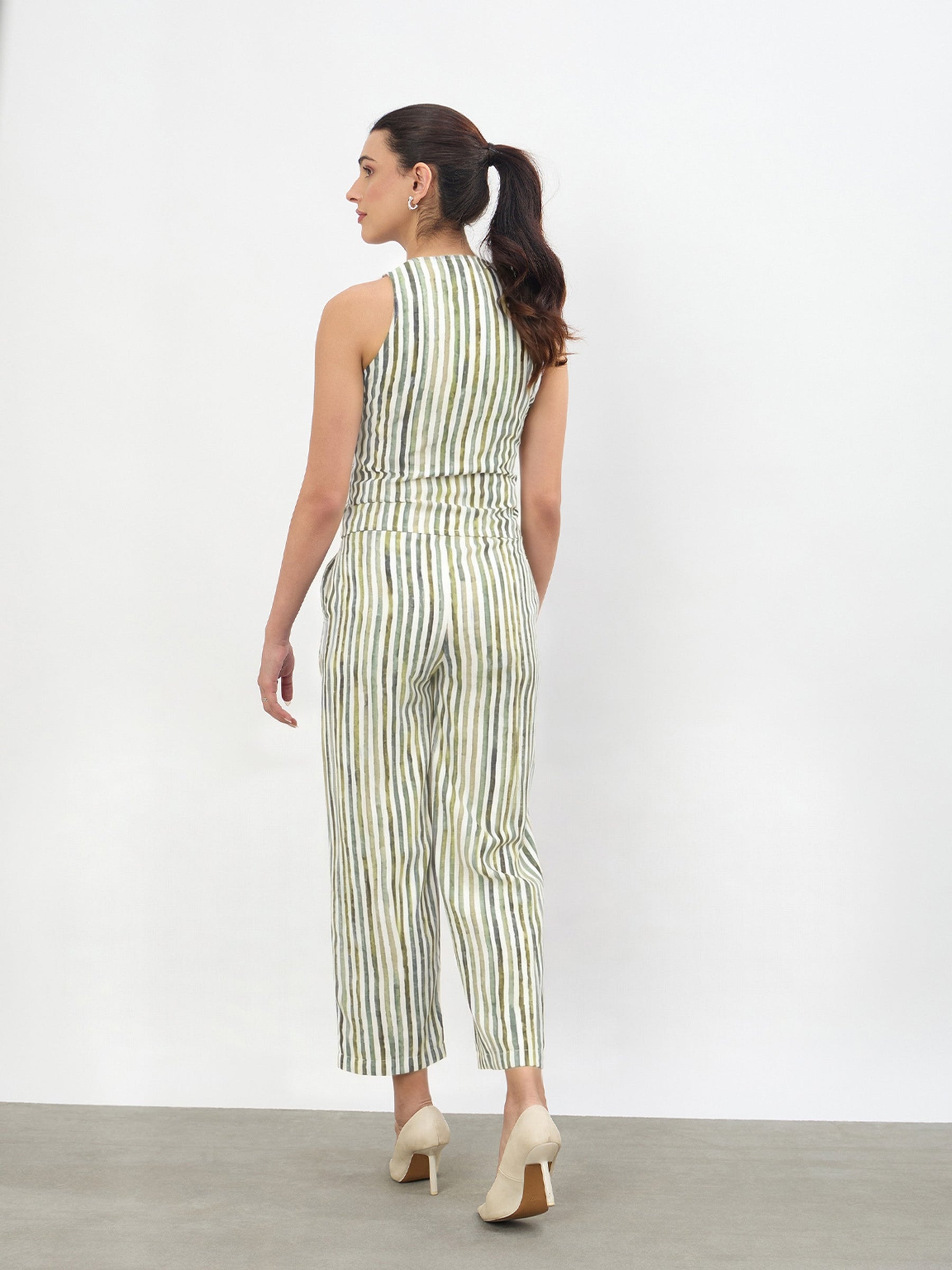 Women Green Linen Striped V-Neck Vest Top With Slouchy Pants