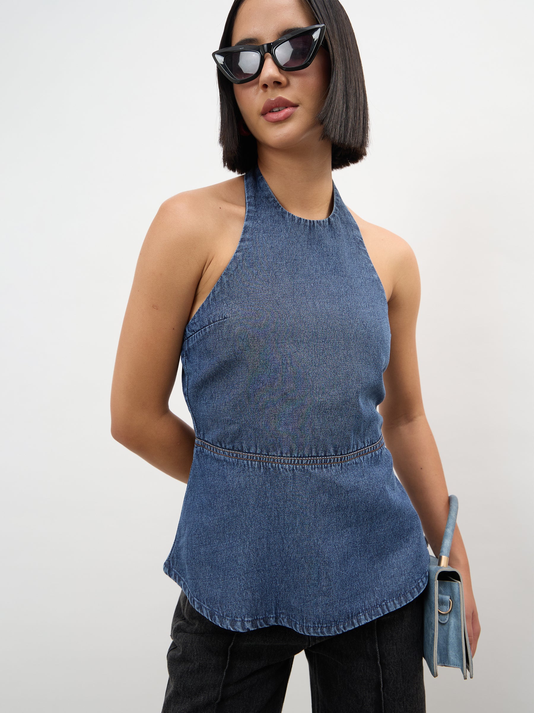 Blue Blast Tencel Halter Neck Peplum Top -SASSAFRAS