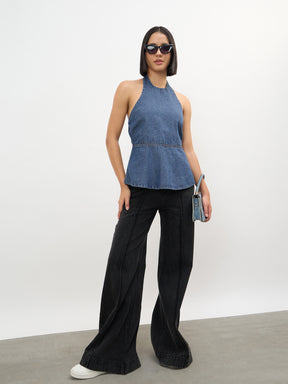 Blue Blast Tencel Halter Neck Peplum Top -SASSAFRAS