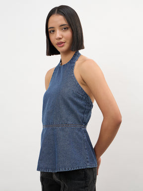 Blue Blast Tencel Halter Neck Peplum Top -SASSAFRAS