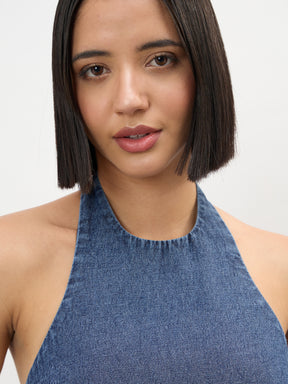 Blue Blast Tencel Halter Neck Peplum Top -SASSAFRAS