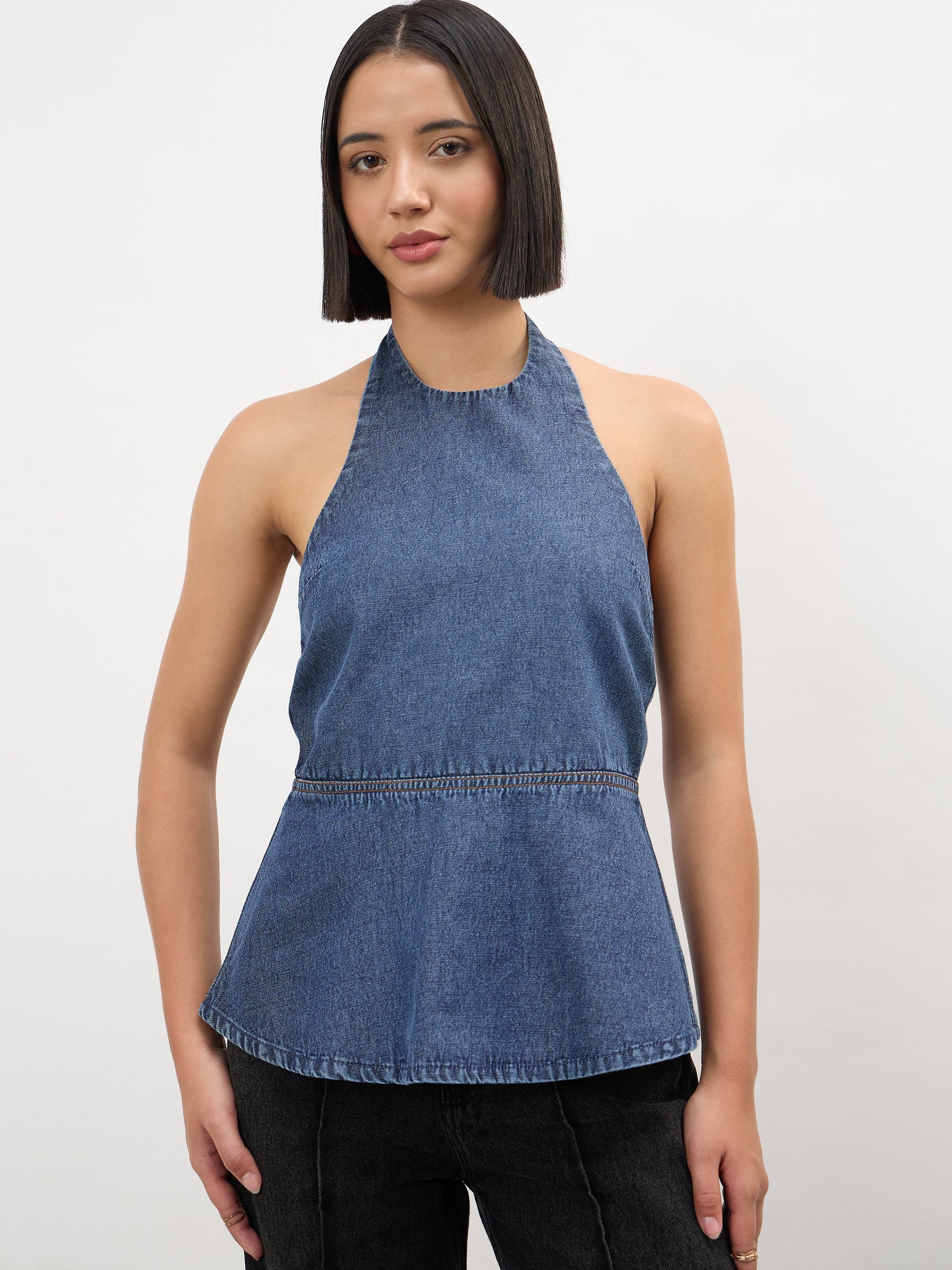 Women Blue Blast Tencel Halter Neck Peplum Top