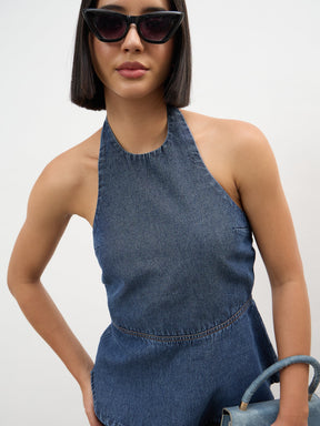 Women Blue Blast Tencel Halter Neck Peplum Top
