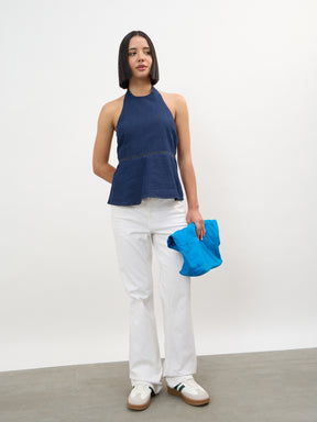 Navy Tencel Halter Neck Peplum Top -SASSAFRAS