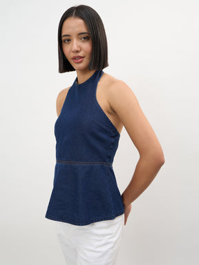 Navy Tencel Halter Neck Peplum Top -SASSAFRAS