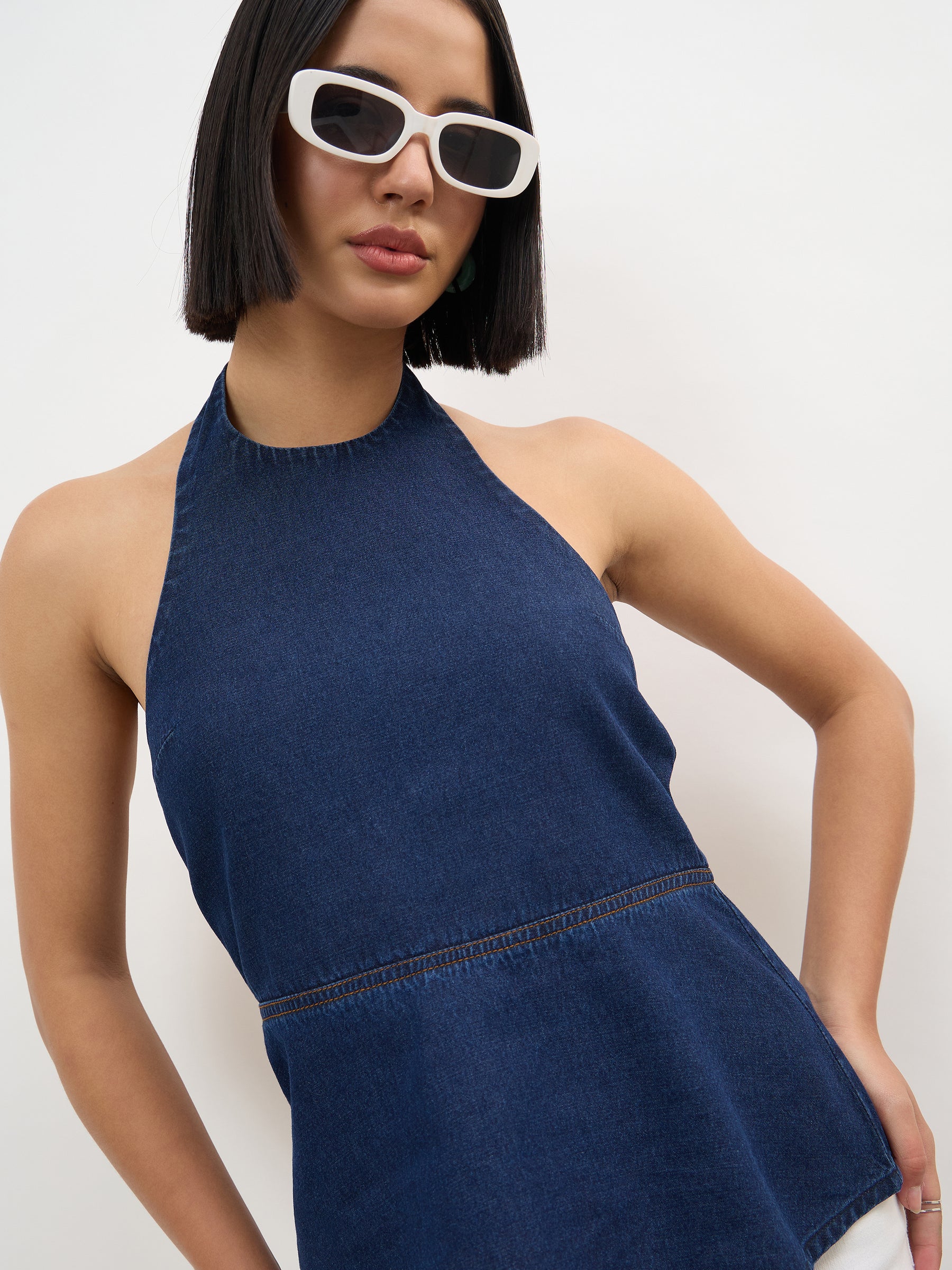Navy Tencel Halter Neck Peplum Top -SASSAFRAS