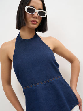 Navy Tencel Halter Neck Peplum Top -SASSAFRAS