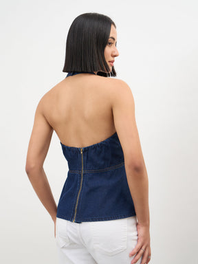 Women Navy Tencel Halter Neck Peplum Top