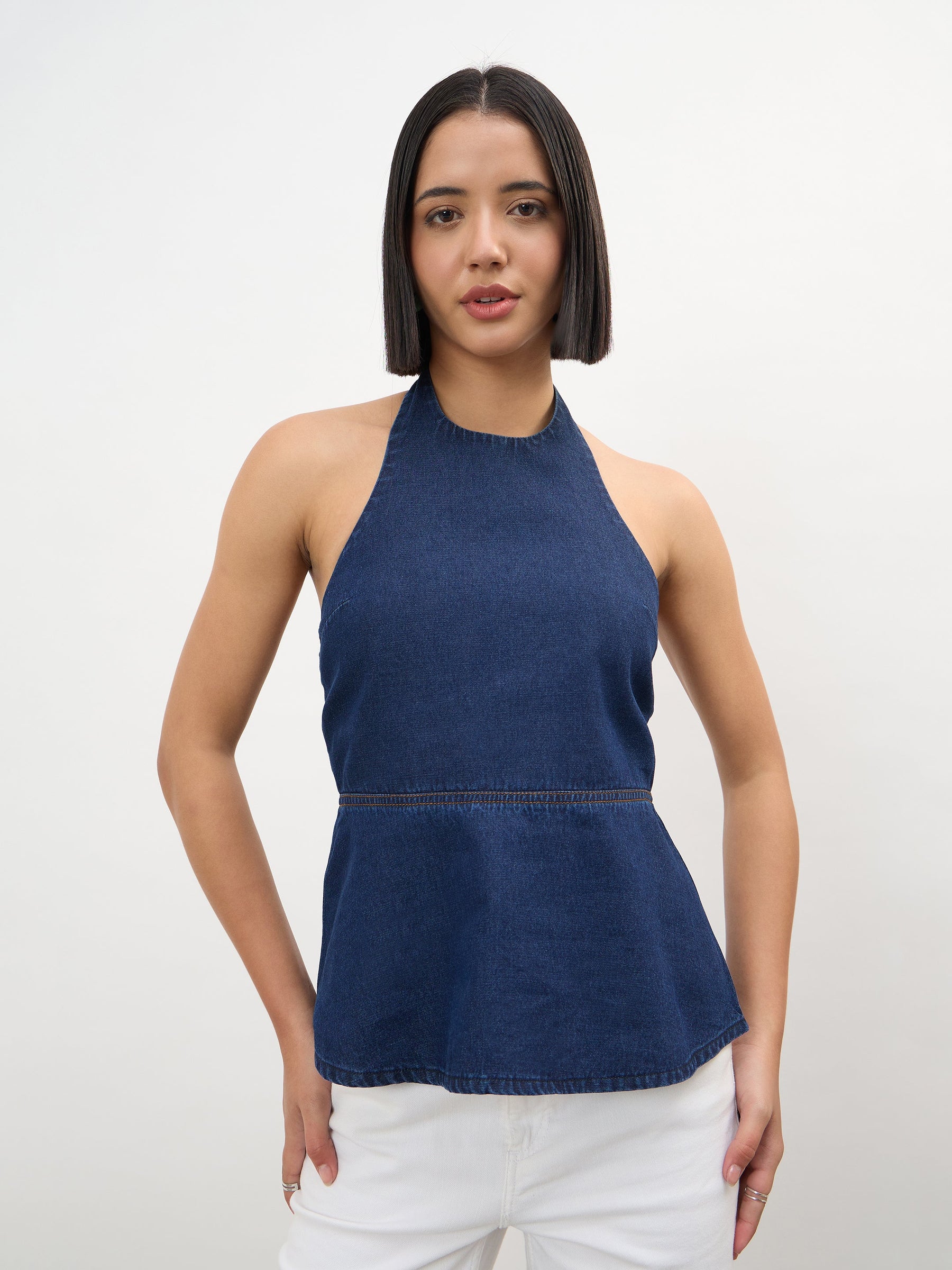Women Navy Tencel Halter Neck Peplum Top