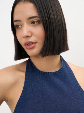 Women Navy Tencel Halter Neck Peplum Top