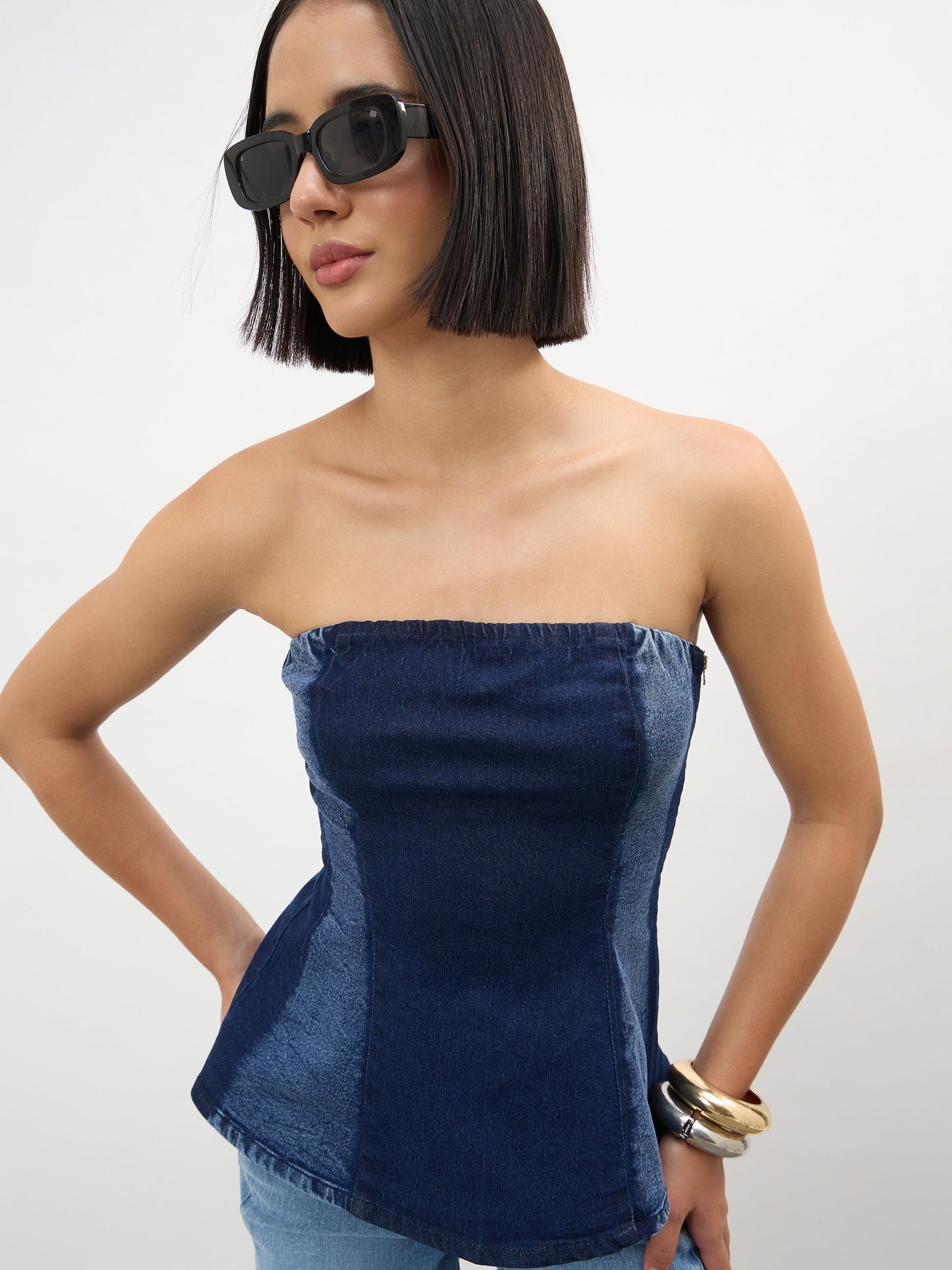 Women Navy Colour Blocking Tube Top