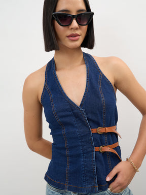 Navy Denim Halter Neck Top-SASSAFRAS