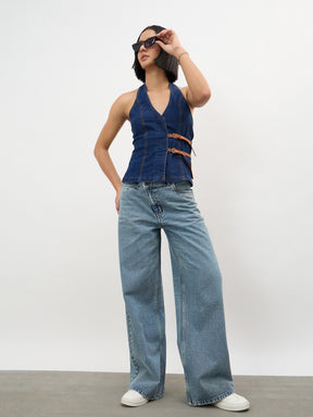 Navy Denim Halter Neck Top-SASSAFRAS