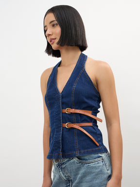 Navy Denim Halter Neck Top-SASSAFRAS