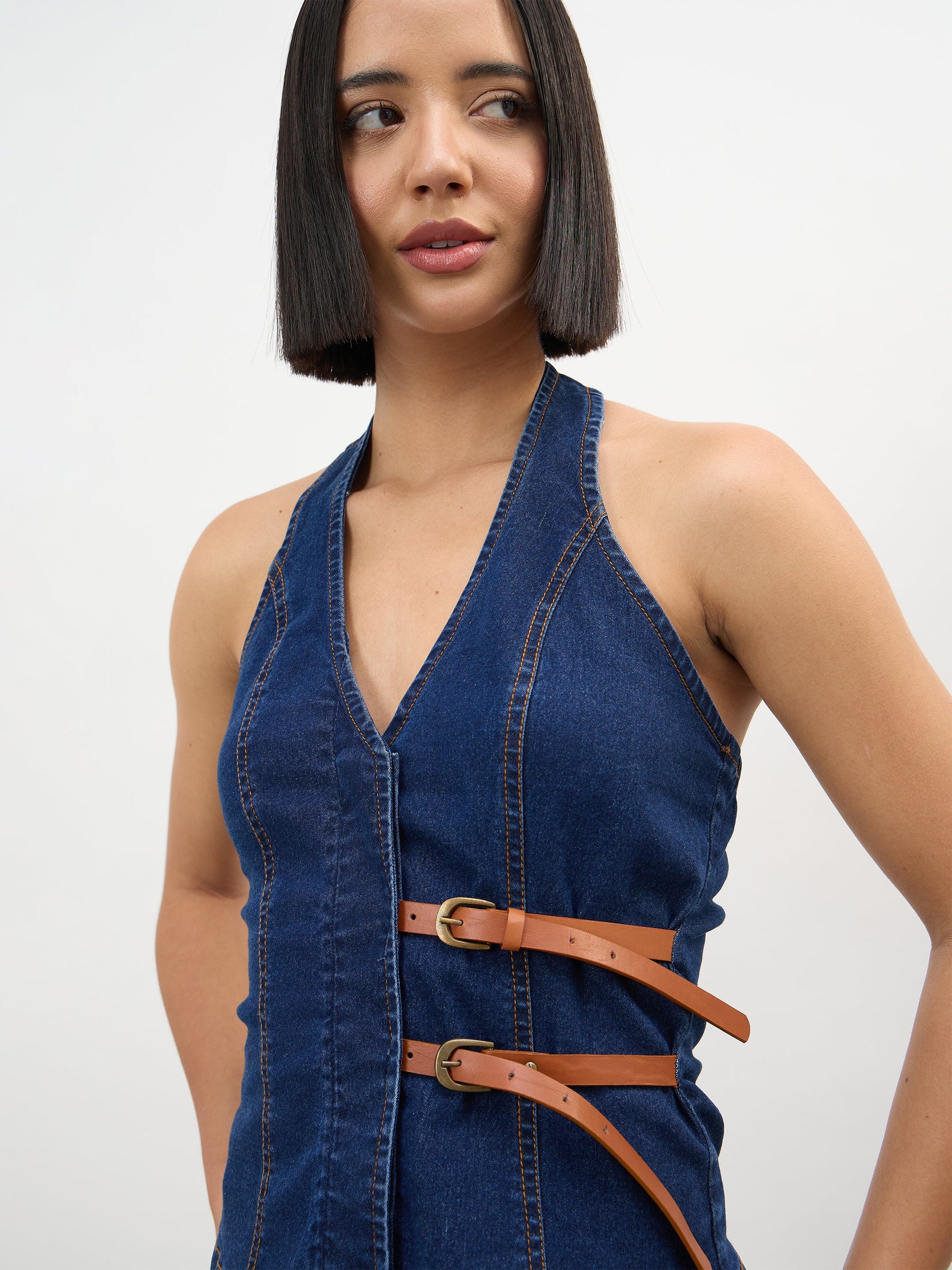 Women Navy Denim Halter Neck Top