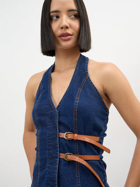 Women Navy Denim Halter Neck Top