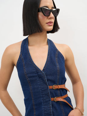 Women Navy Denim Halter Neck Top