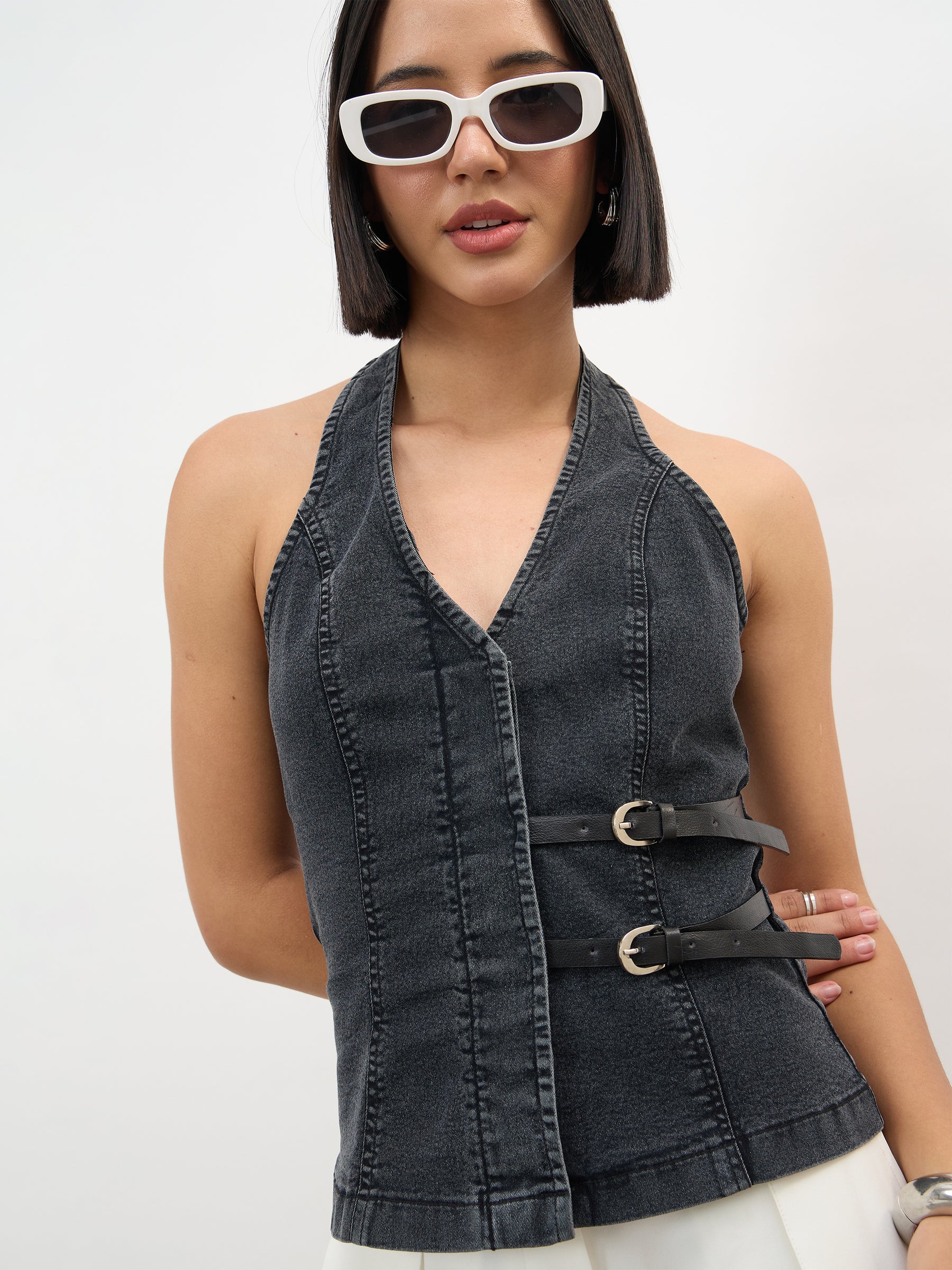 Black Wash Denim Halter Neck Top-SASSAFRAS