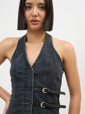 Black Wash Denim Halter Neck Top-SASSAFRAS