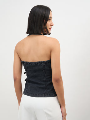 Black Wash Denim Halter Neck Top-SASSAFRAS