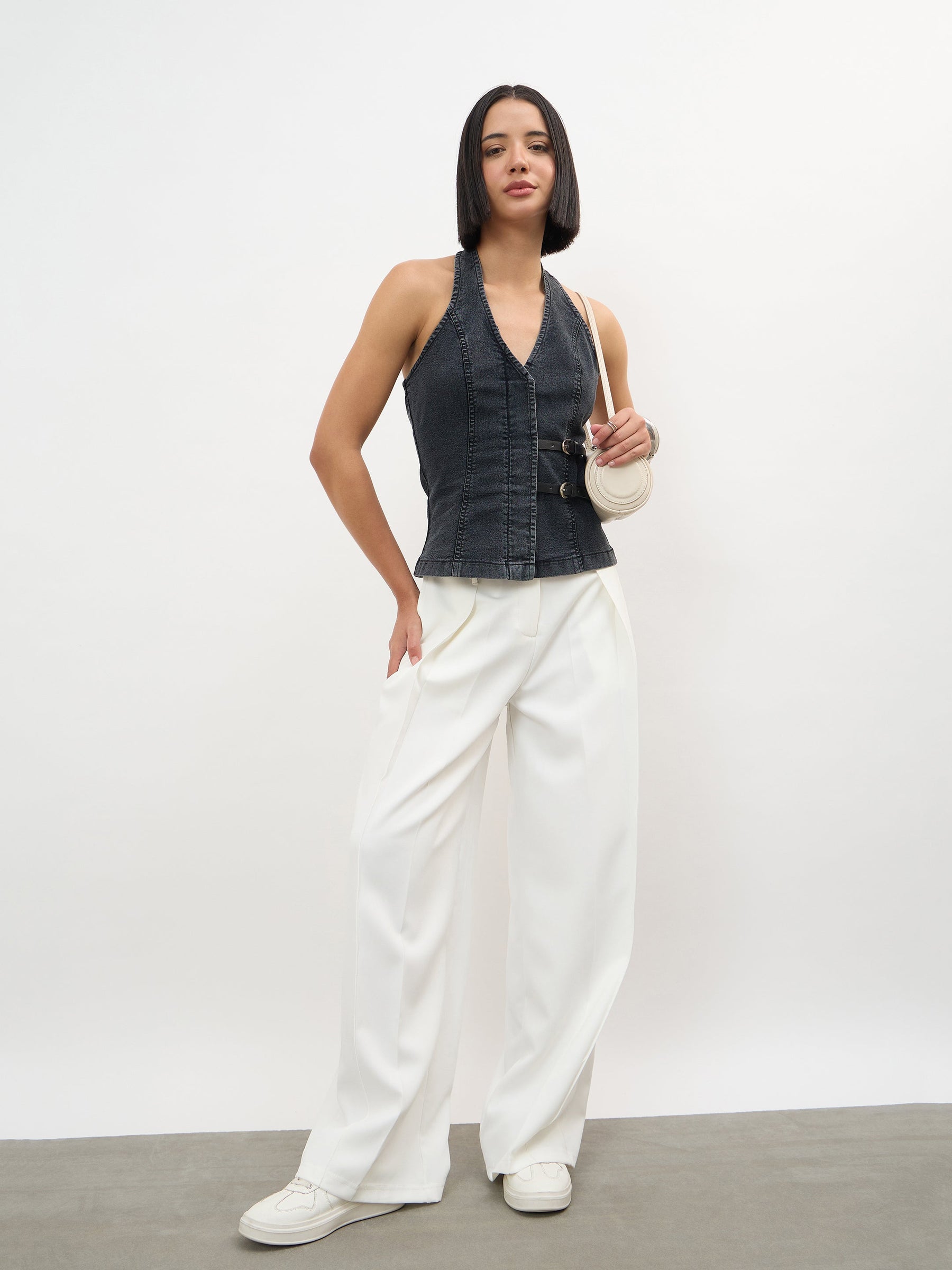 Women Black Wash Denim Halter Neck Top