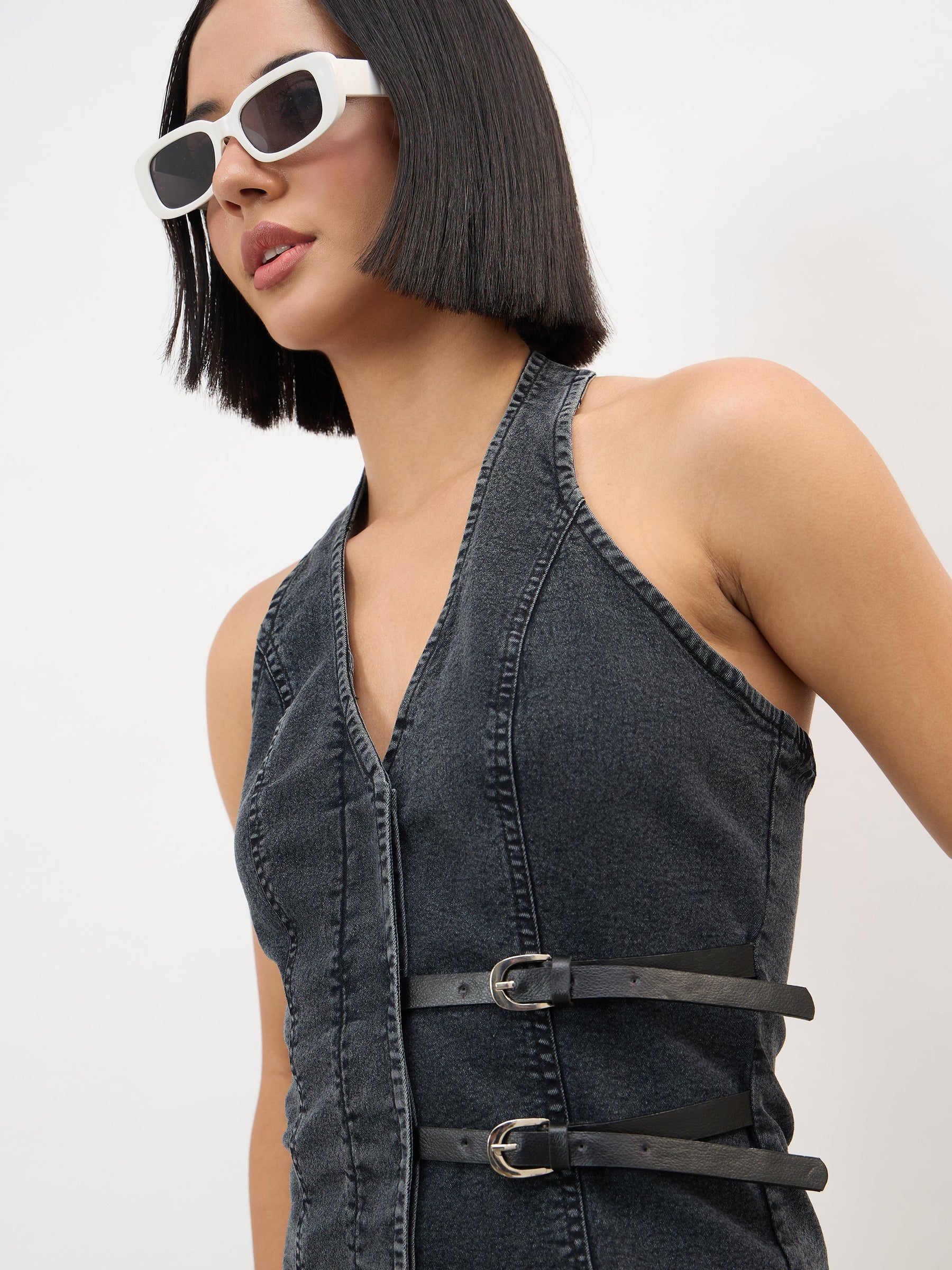 Women Black Wash Denim Halter Neck Top