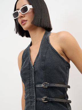 Women Black Wash Denim Halter Neck Top