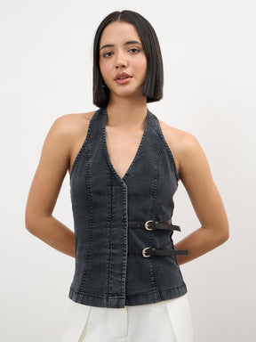 Women Black Wash Denim Halter Neck Top